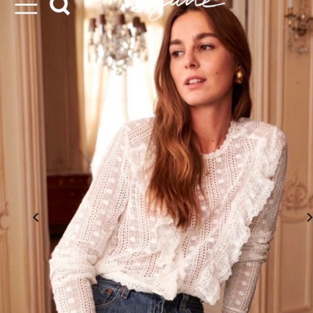 Sezane White Lace Ruffle Knit Blouse